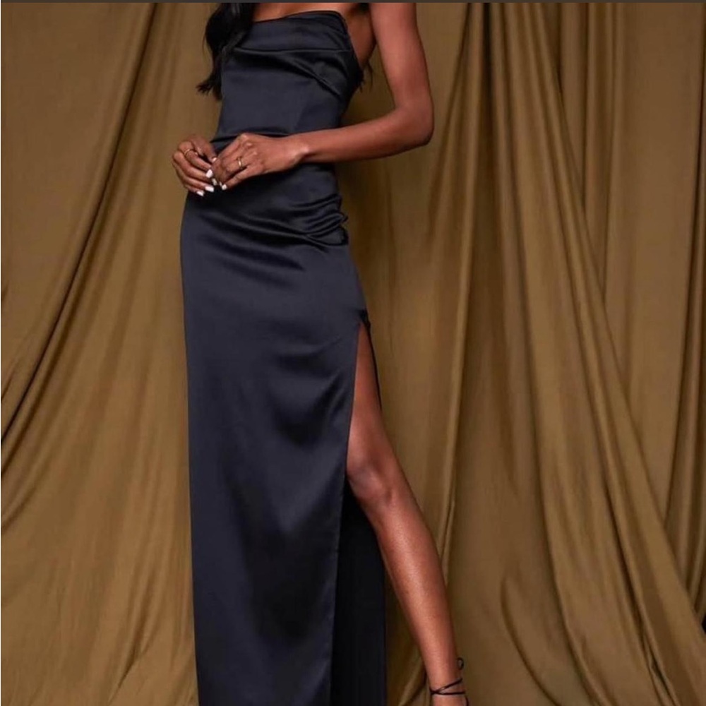 12th Tribe Black Strapless Side-Slit Satin Maxi Dress